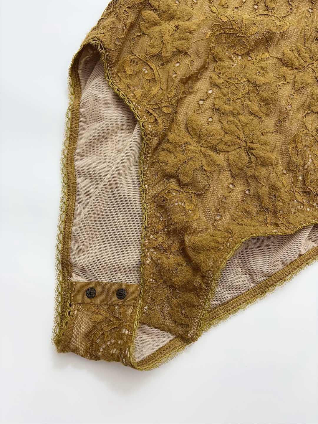 Brown U-neck lace one-piece bodysuit - View 8