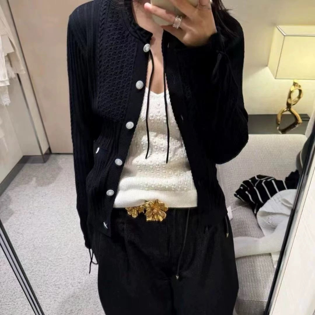 Cardigan knitted coat with small fragrant collar drawstring and diamond pattern, short long sleeves - View 16