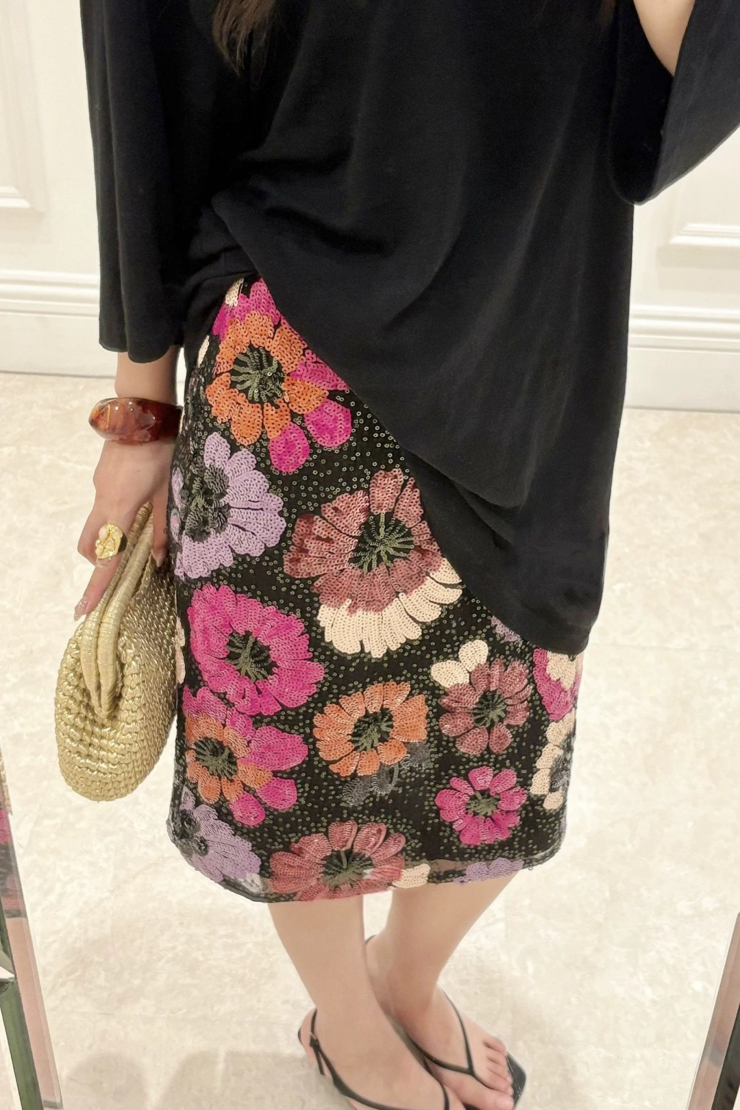 Vintage heavy industry floral sequin half-length skirt versatile straight medium-long A-line skirt - View 15