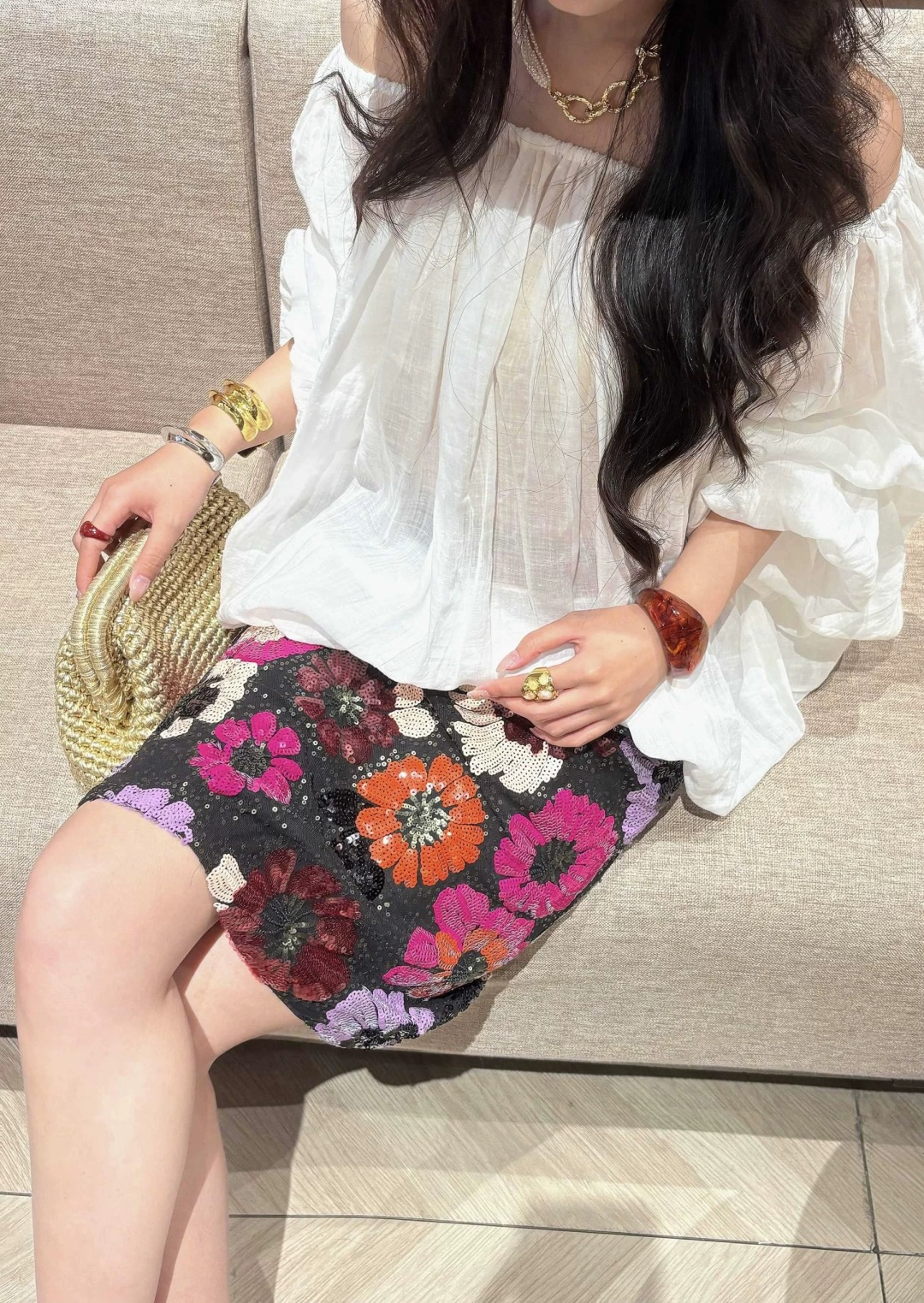 Vintage heavy industry floral sequin half-length skirt versatile straight medium-long A-line skirt - View 16