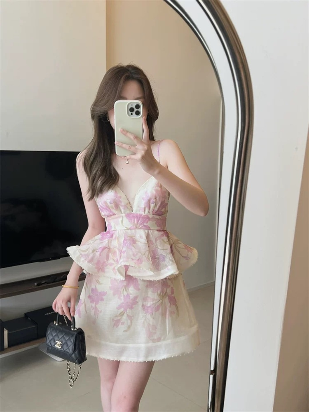 New silk and linen mini slip dress with lotus leaf trim at the waist - View 17