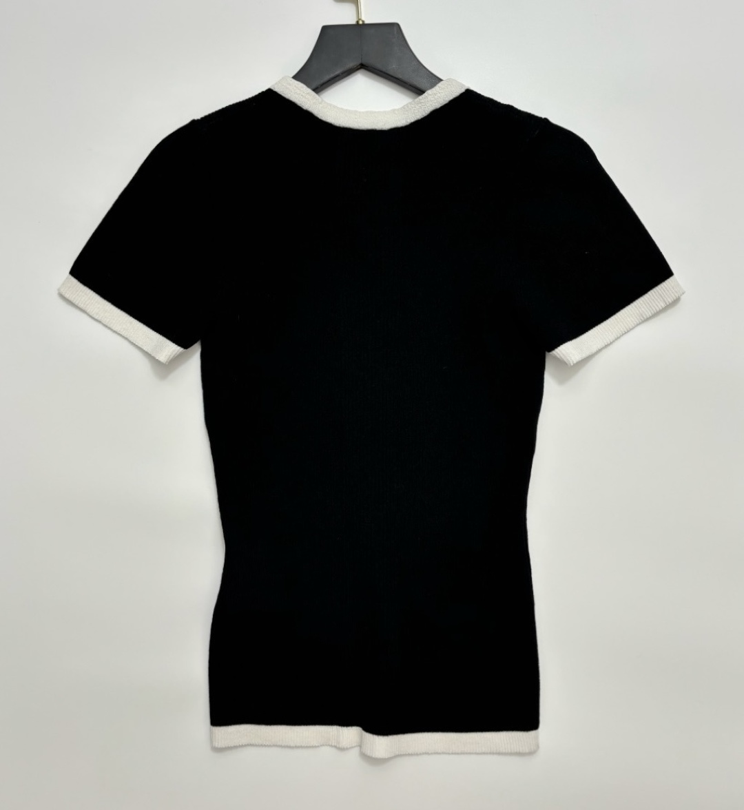 Black and white color block round neck knitted short sleeve top - View 8