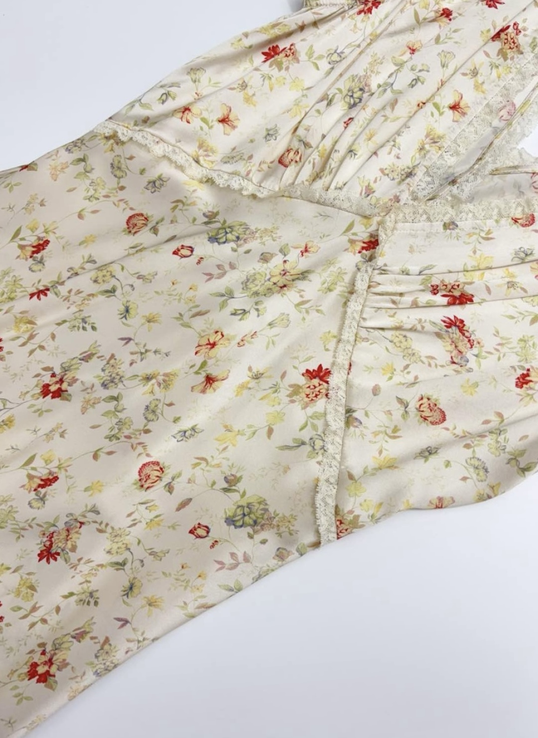 V-neck lace waist-cinching French floral silk long dress with tie sleeveless dress - View 5