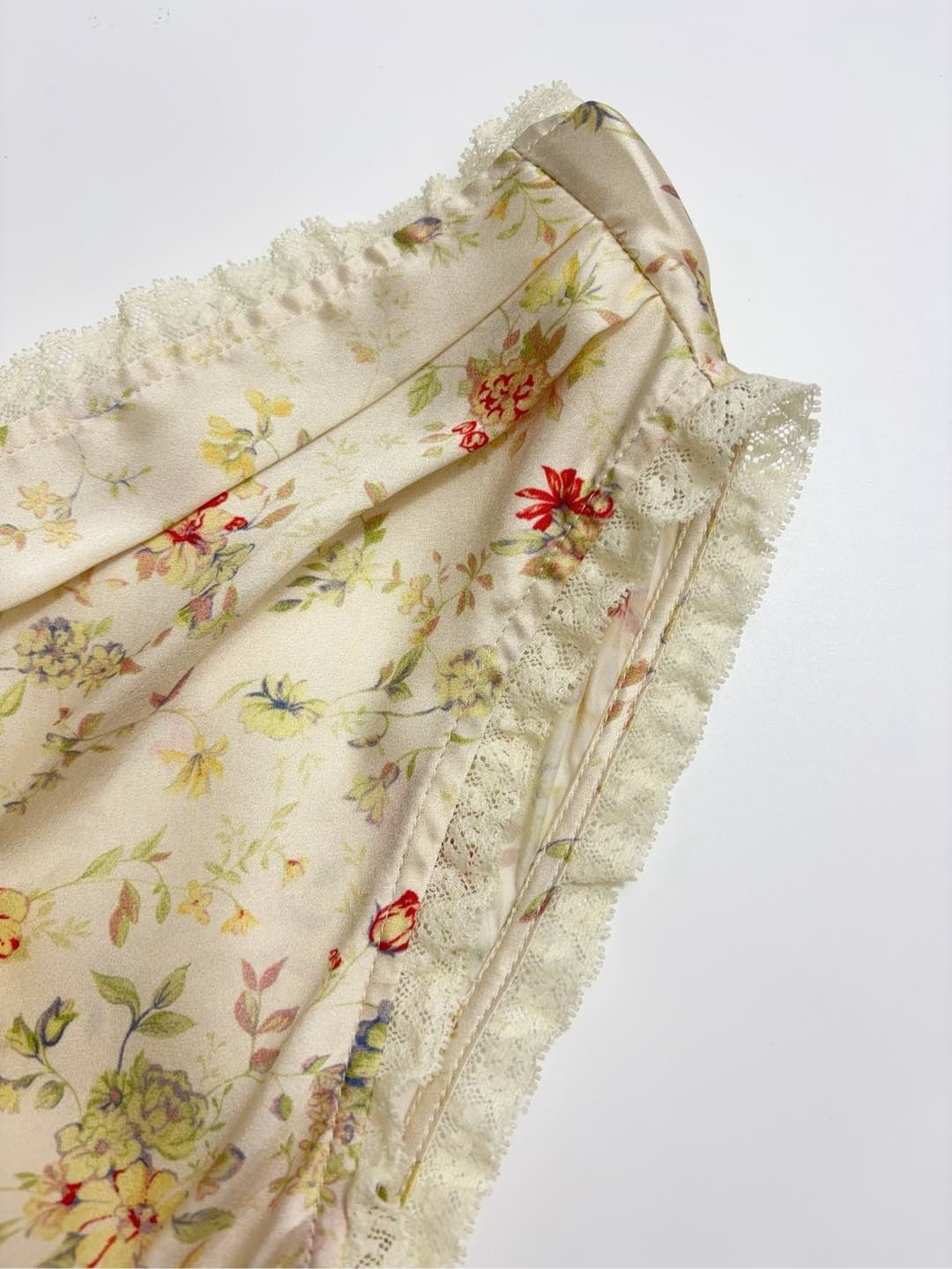 V-neck lace waist-cinching French floral silk long dress with tie sleeveless dress - View 4