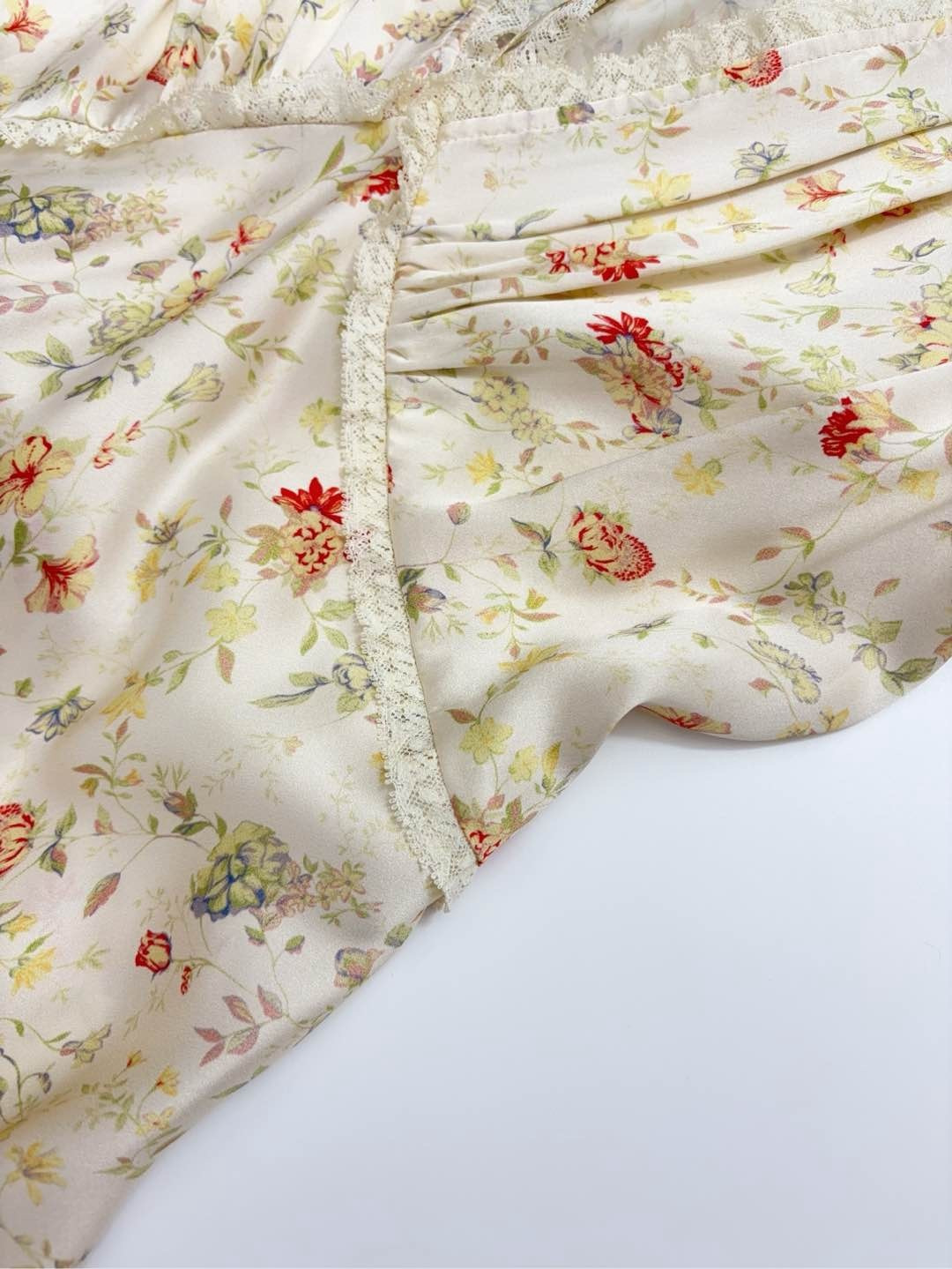 V-neck lace waist-cinching French floral silk long dress with tie sleeveless dress - View 6