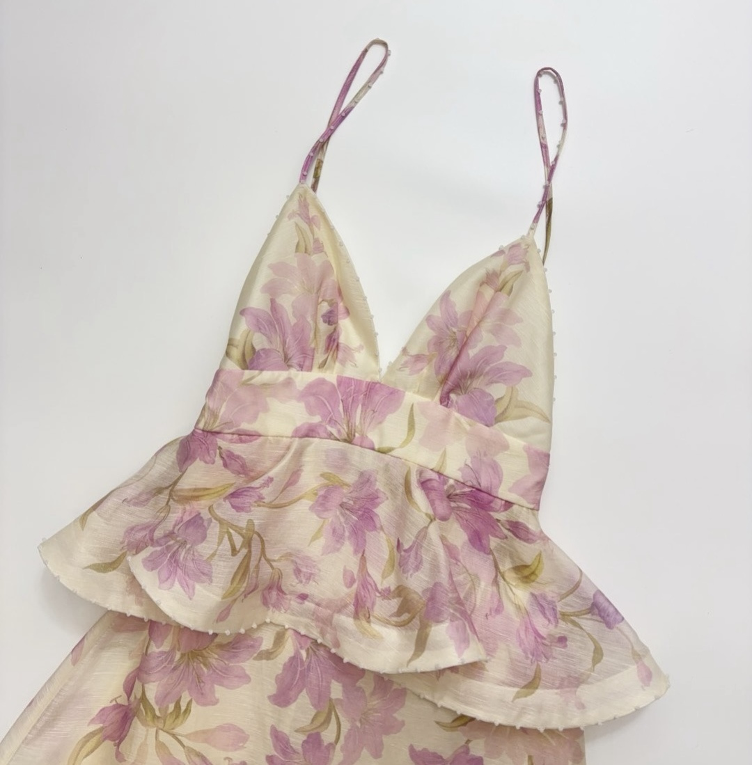 New silk and linen mini slip dress with lotus leaf trim at the waist - View 2