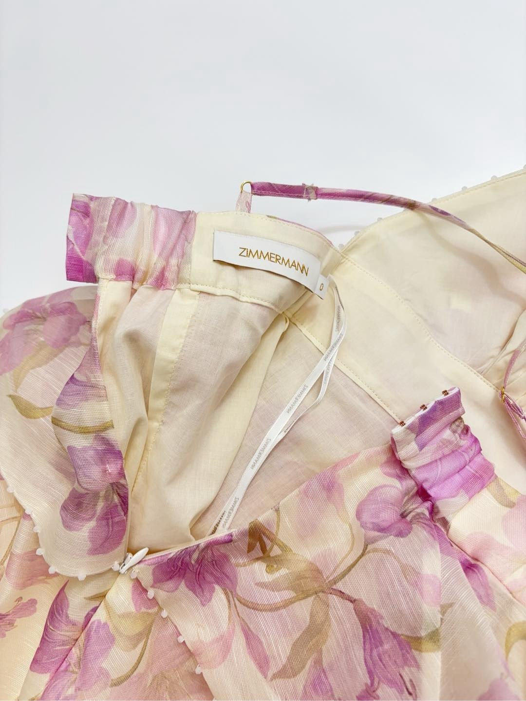 New silk and linen mini slip dress with lotus leaf trim at the waist - View 15