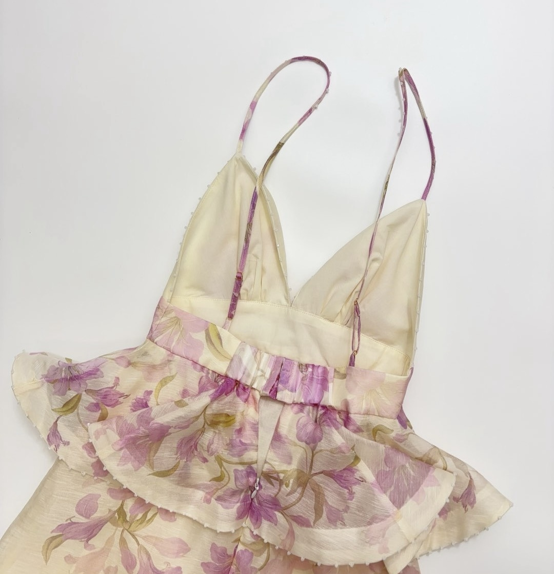 New silk and linen mini slip dress with lotus leaf trim at the waist - View 14