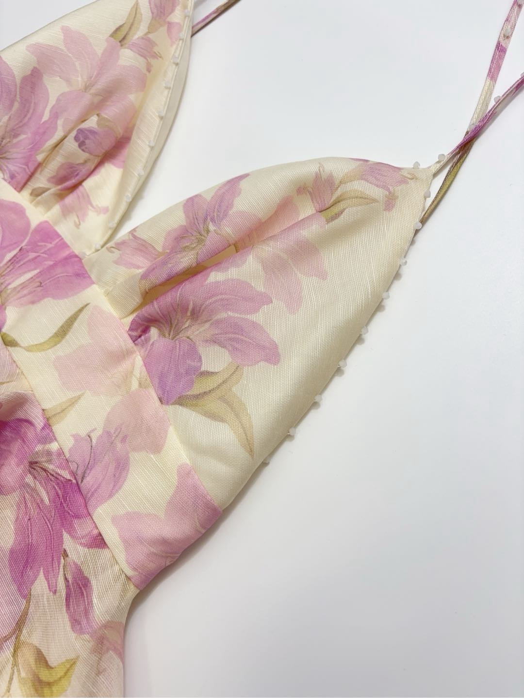 New silk and linen mini slip dress with lotus leaf trim at the waist - View 3