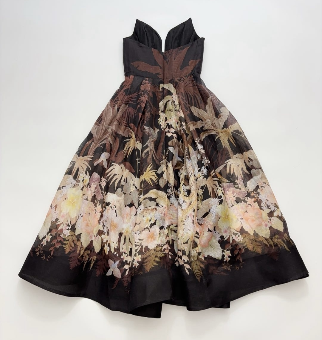 Black printed deep V-neck tube top medium-length big swing waist-cinching A-line dress - View 14