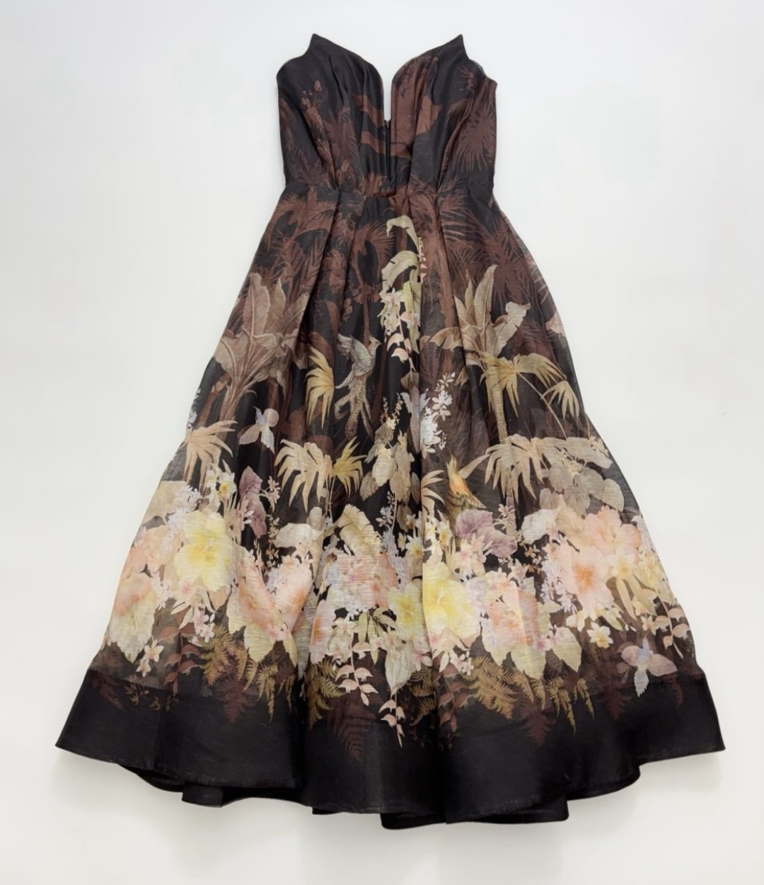 Black printed deep V-neck tube top medium-length big swing waist-cinching A-line dress