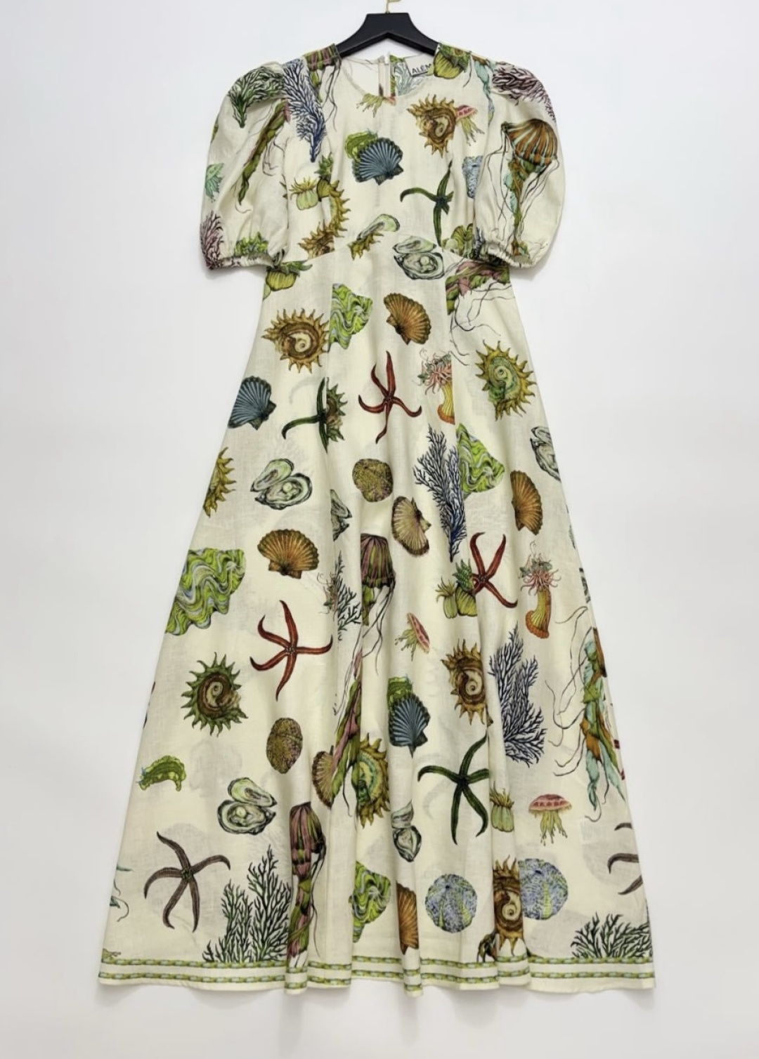 Spring/Summer elegant ocean pattern fresh puff-sleeve high-waist mid-length dress