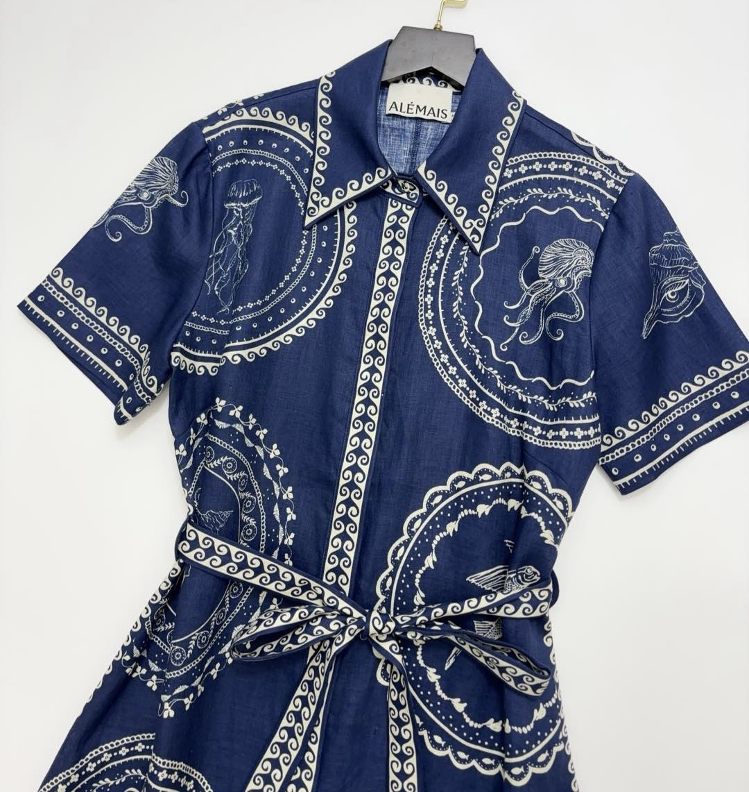 25 new summer vintage resort style dark blue linen long shirt dress - View 2