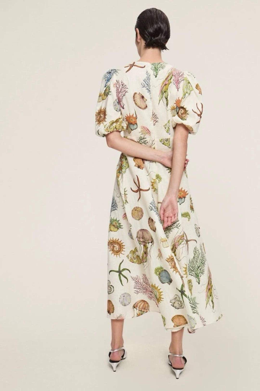 Spring/Summer elegant ocean pattern fresh puff-sleeve high-waist mid-length dress - View 21