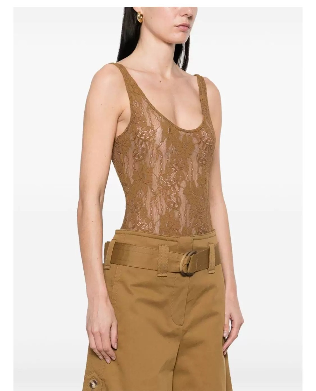 Brown U-neck lace one-piece bodysuit - View 13
