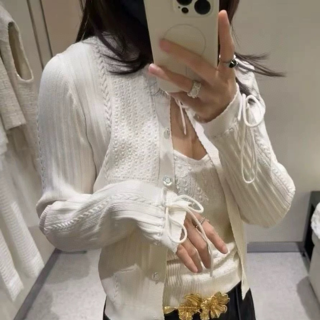 Neckline Drawstring Argyle Knit Cardigan Short Long Sleeve Jacket (0.38kg) - View 15