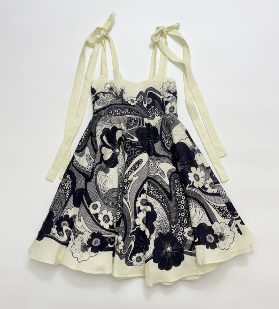 Alémais Linen Slip Black and White Print A-Line Babydoll Dress