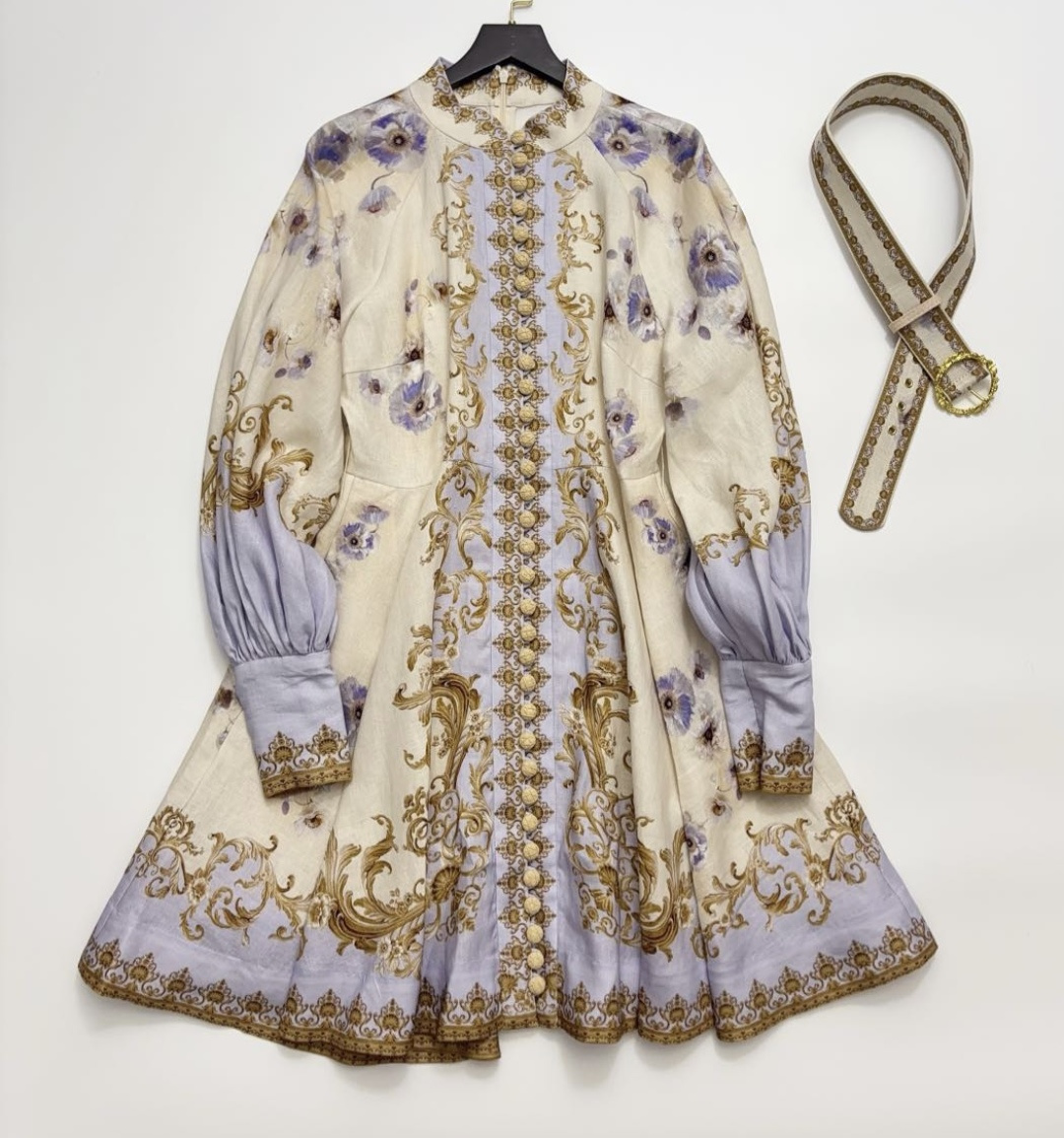 Zim Palace Style Stand-Collar Single-Breasted Lantern Sleeve Placement Print Waist-Cinching Dress