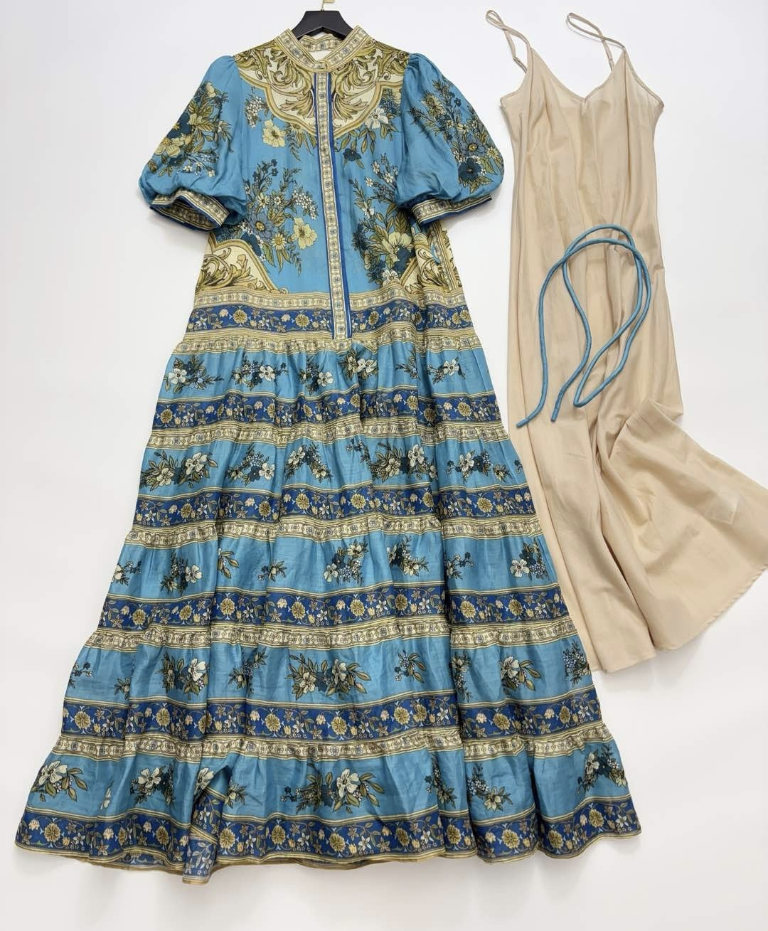 Alémais Vintage Blue Ramie Print Puff Sleeve Waist-Cinching Elegant Dress