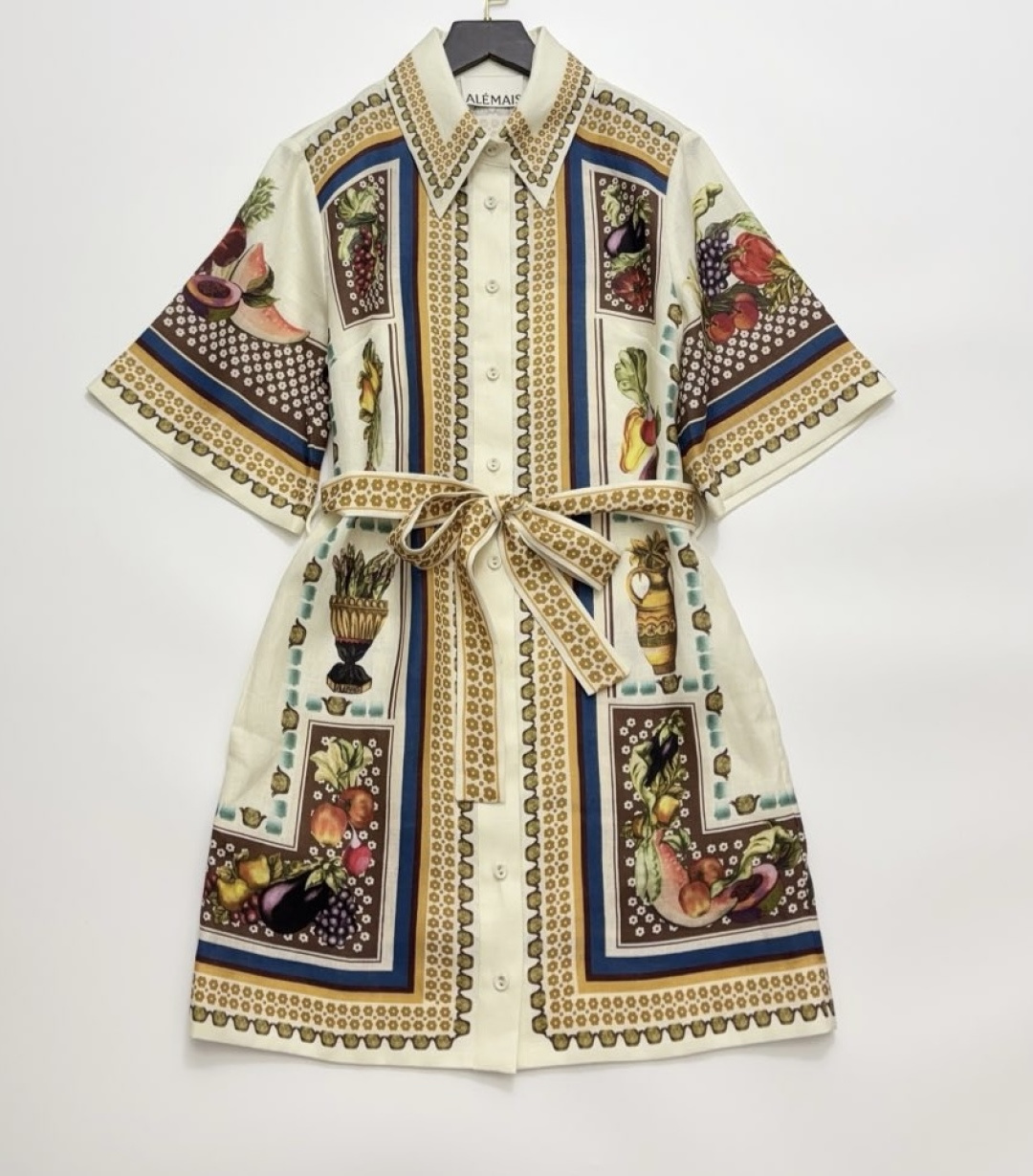 Alémais Linen Vintage Fruit & Vegetable Print Tie-Waist Lapel Shirt Dress