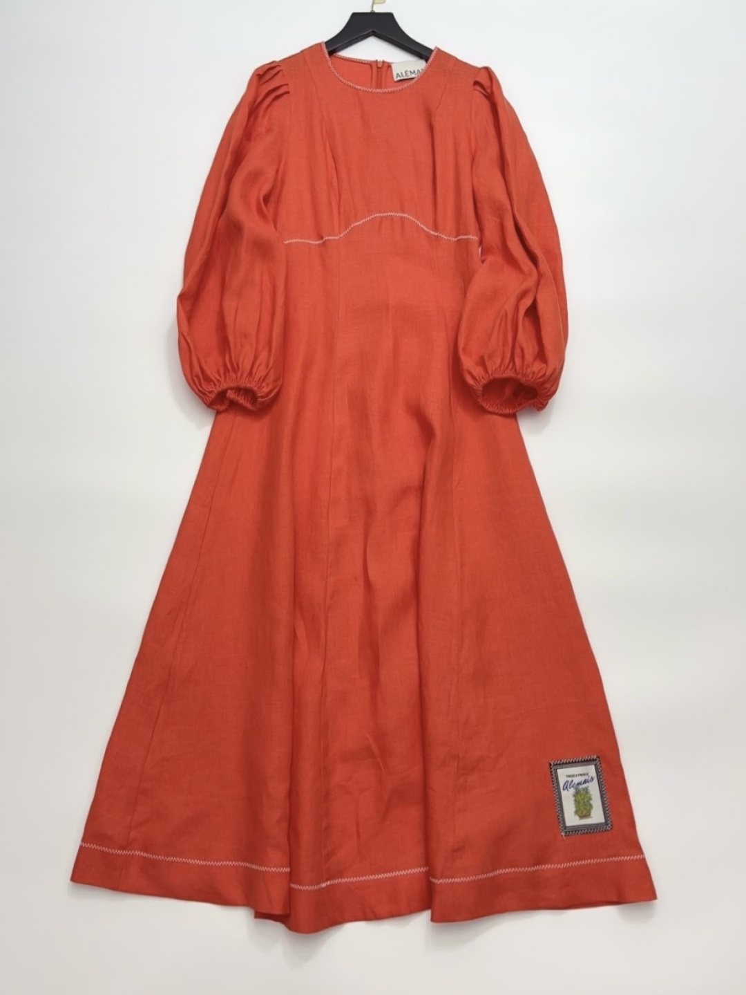 Alémais Linen Orange Round Neck Long Sleeve Dress