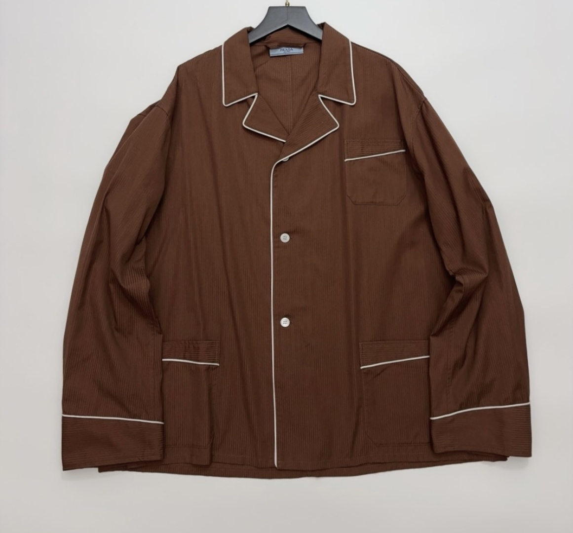 Prada Coffee Relaxed Pajama Style Stripe Jacquard Piped Oversized Shirt