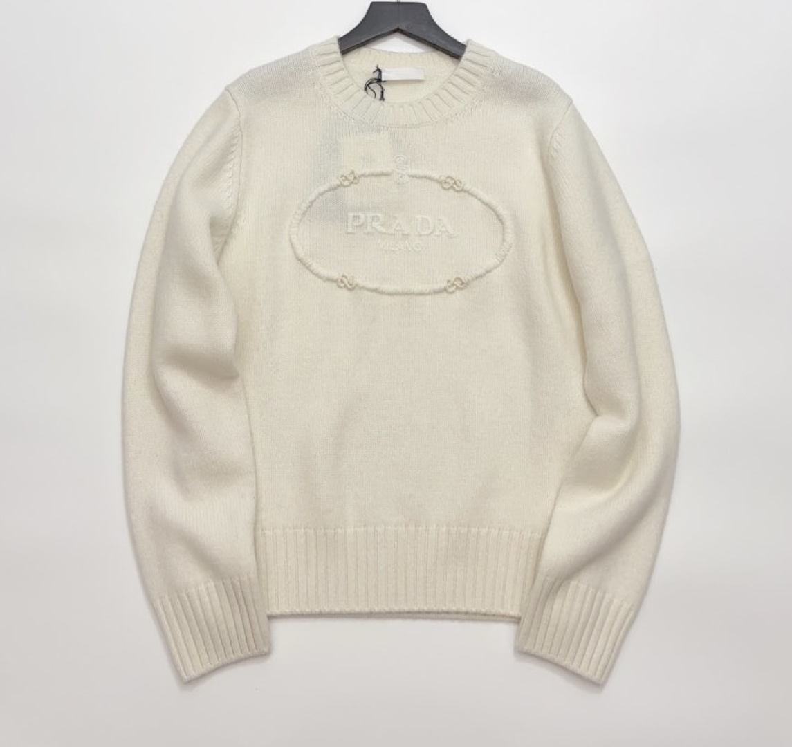 Prada White Letter Logo Crewneck Long-Sleeve Knit Sweater