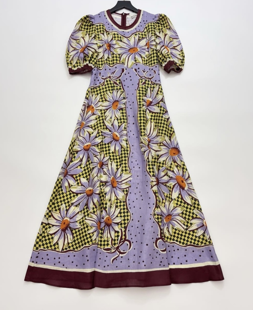 Alémais Palace Puff Sleeve High-Waist Slim Fit Purple Polka Dot & Floral Print Linen Dress
