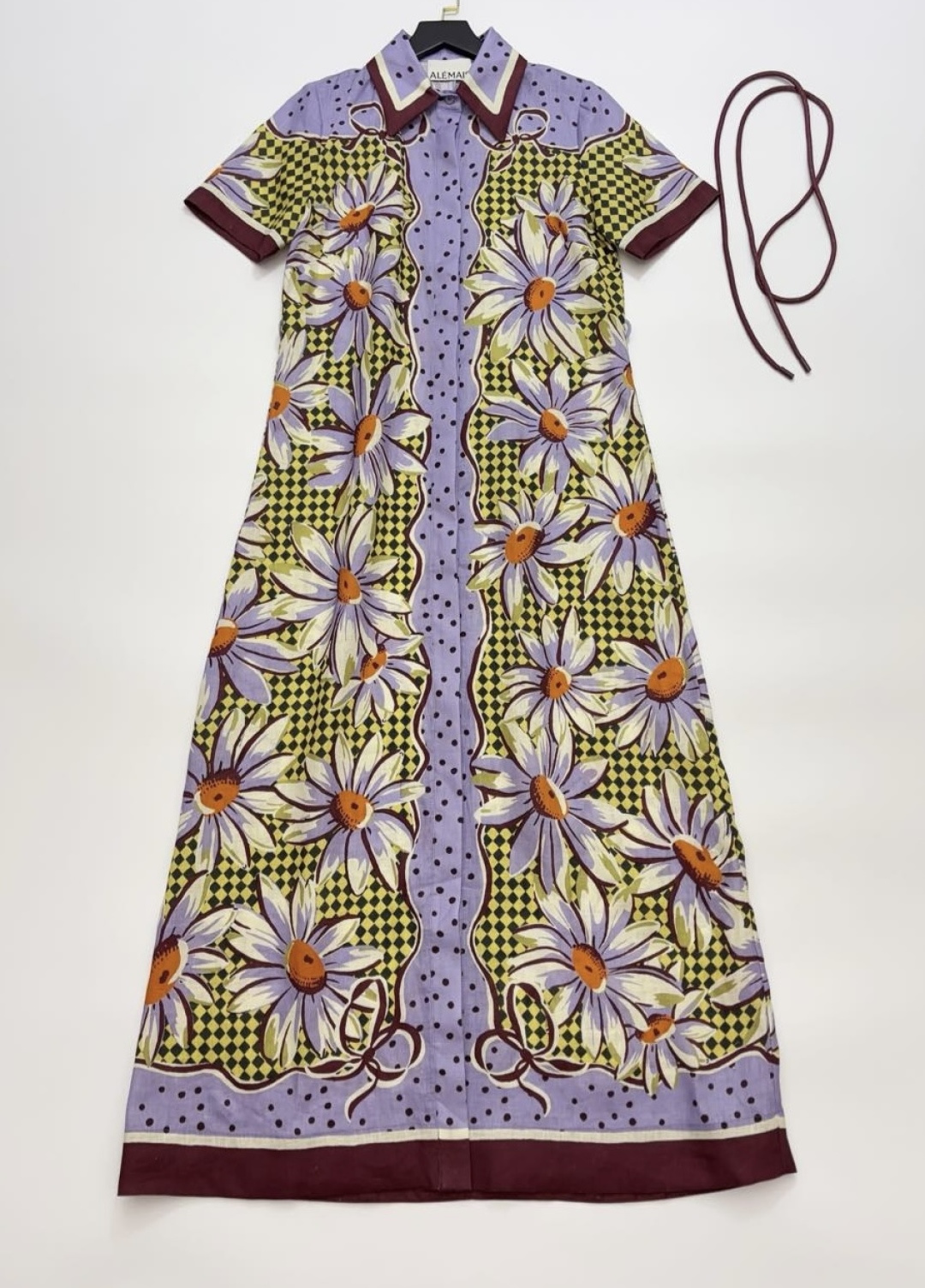 Alémais Vintage Purple Polka Dot Print Elegant Tie-Waist Shirt Dress Long Dress