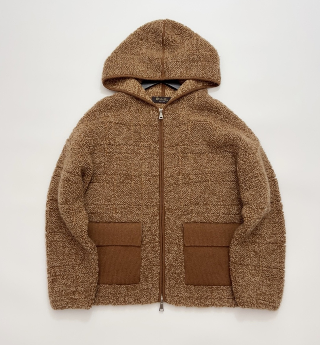 Loro Piana Camel Towel Embroidery Colorblock Pocket Hooded Cashmere Wool Cardigan