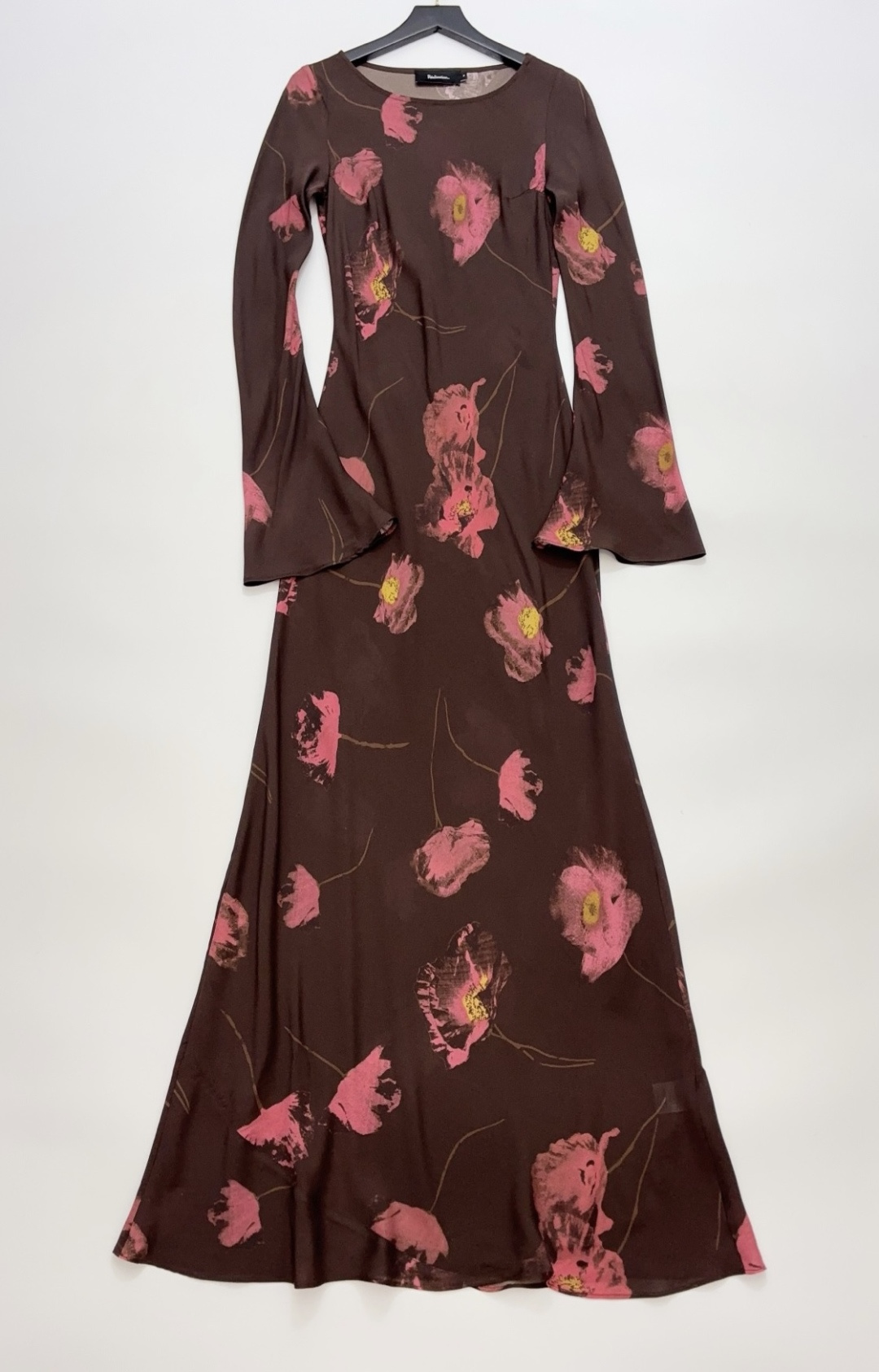 Réalisation Par The Gia Floral Print Boat Neck Flared Sleeve Silk Bias-Cut Long Sleeve Dress