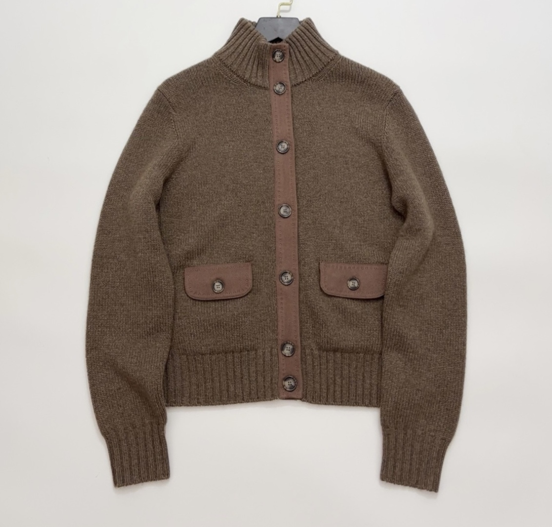 Loro Piana Coffee-Colored Stand Collar Cashmere Knit Cardigan