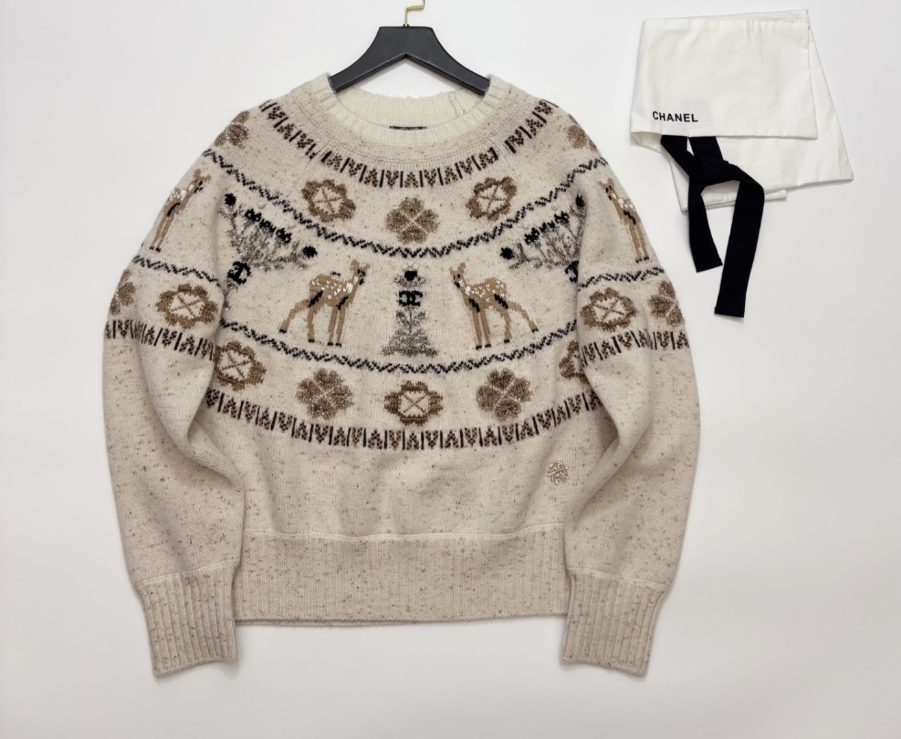 Chanel Ski Collection Speckled Yarn Fallow Deer Pullover Sweater