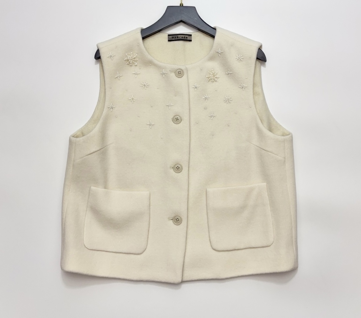 Marchen Heavy Embellished Pure Wool Sleeveless Round Neck Vest