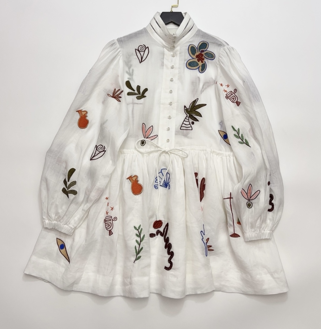 Alémais Mina Ramie Embroidered Cartoon Vintage Loose Long Sleeve Dress