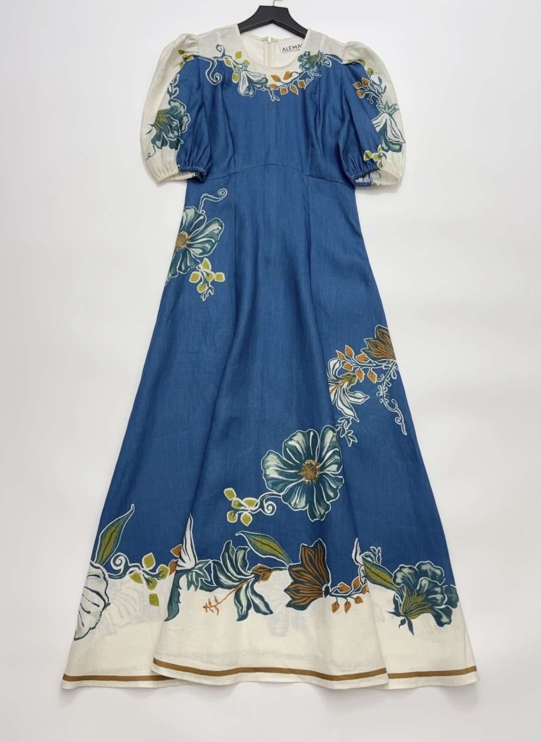 Alémais Luda Floral Linen Short Sleeve Cinch-Waist Vintage Dress