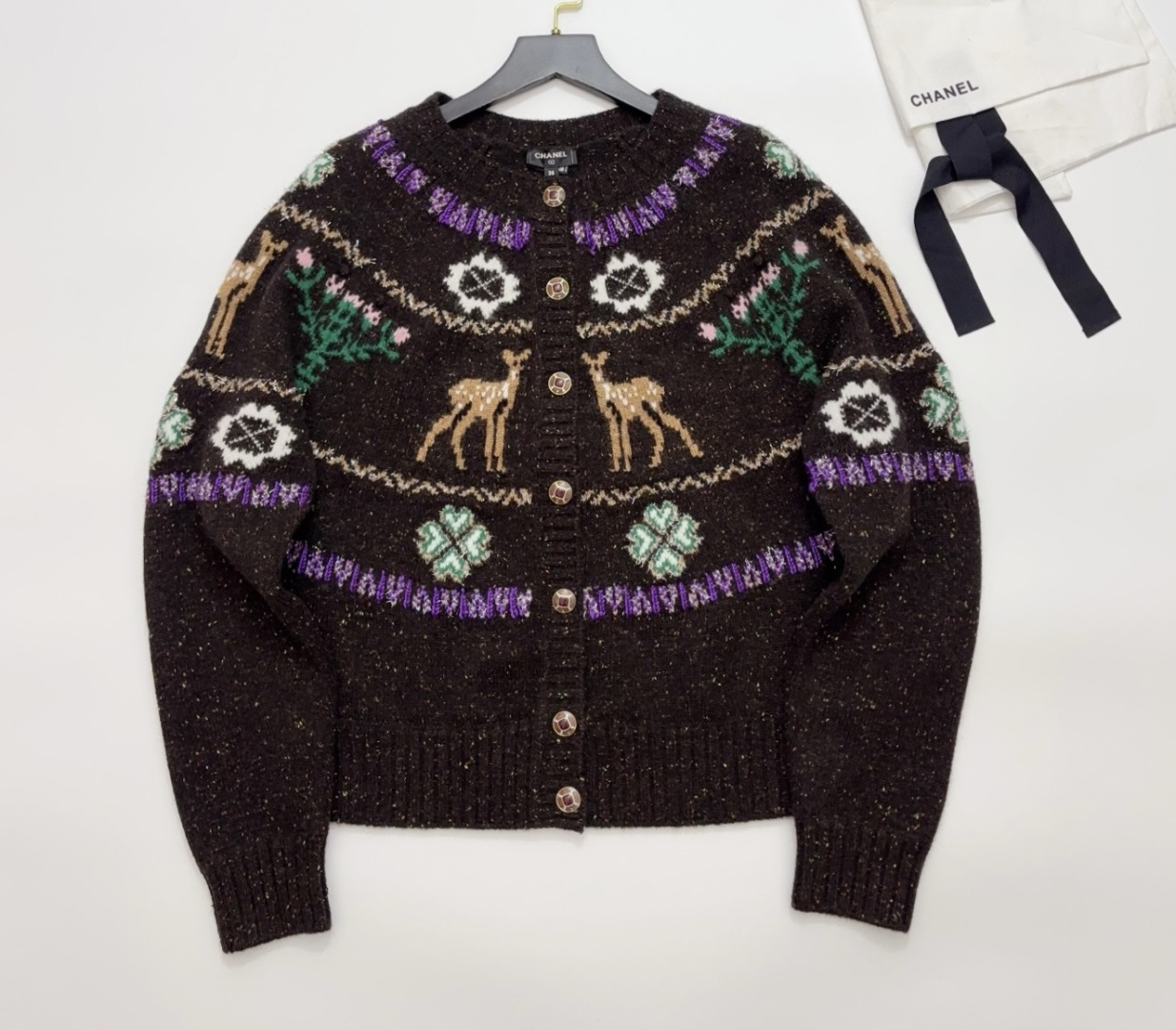 Chanel Ski Collection Embroidered Deer Cashmere Blend Lurex Fair Isle Cardigan Jacket
