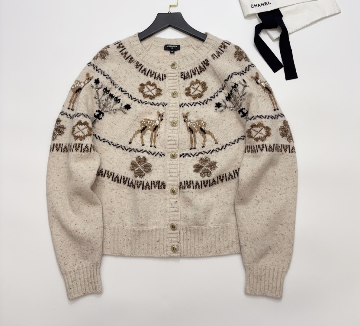 Chanel Ski Collection Embroidered Deer Cashmere Blend Lurex Fair Isle Cardigan Jacket