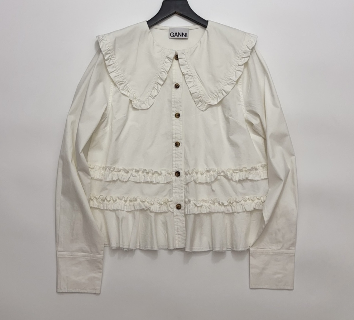 GANNI Classic Elegant Ruffle Peter Pan Collar Shirt Top