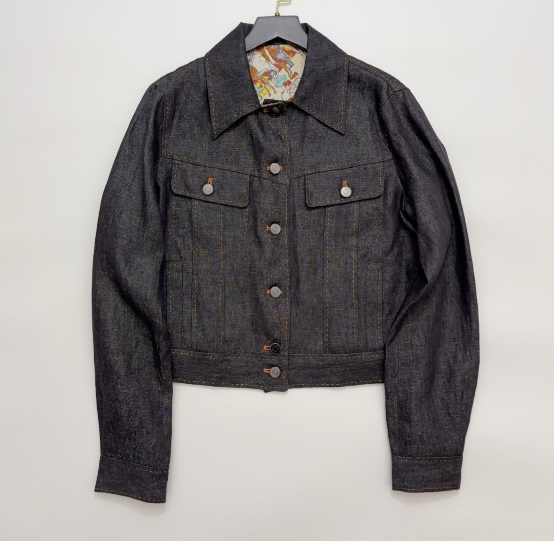 Retro Topstitch Denim Patchwork Silk Lined Portrait Print Lapel Quilted Jacket - Navy
