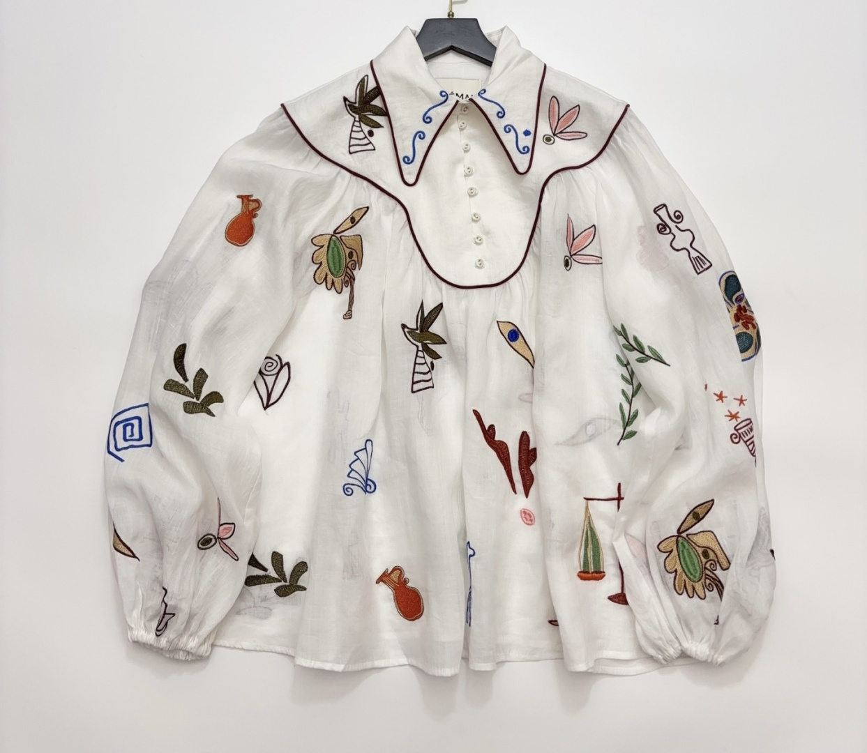 Alémais Mina Ramie Cartoon Embroidery Long Sleeve Vintage Loose Shirt