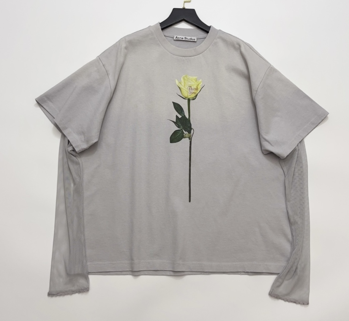 Acne Studios Vintage Rose Washed Faded Faux Two-Piece Mesh Sleeve T-Shirt