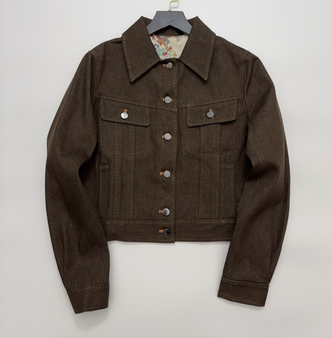 Retro Topstitch Denim Patchwork Silk Lined Portrait Print Lapel Quilted Jacket - Coffee