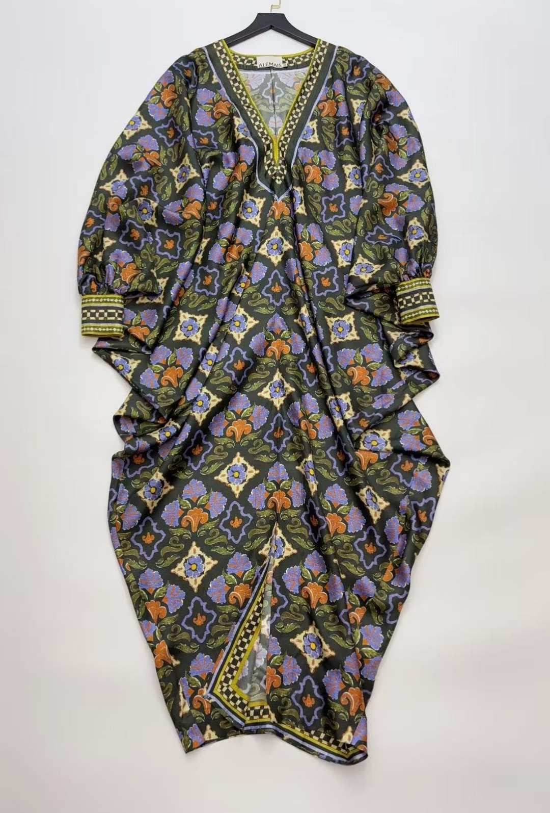 Alémais Silk Vintage Print V-Neck Batwing Sleeve Caftan Dress