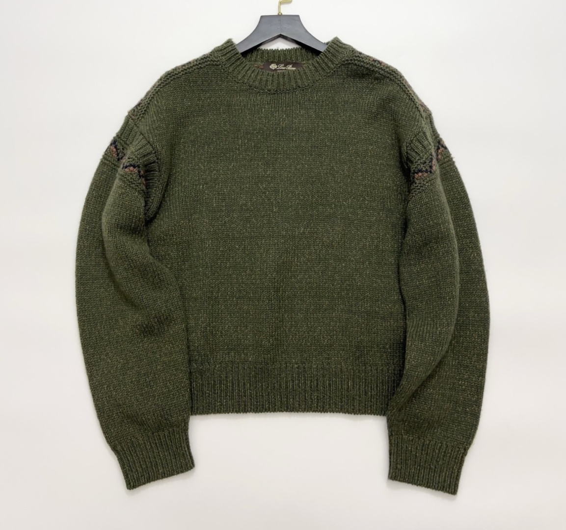 Loro Piana Dark Green Round Neck Cashmere Wool Blend Pullover Knit Sweater