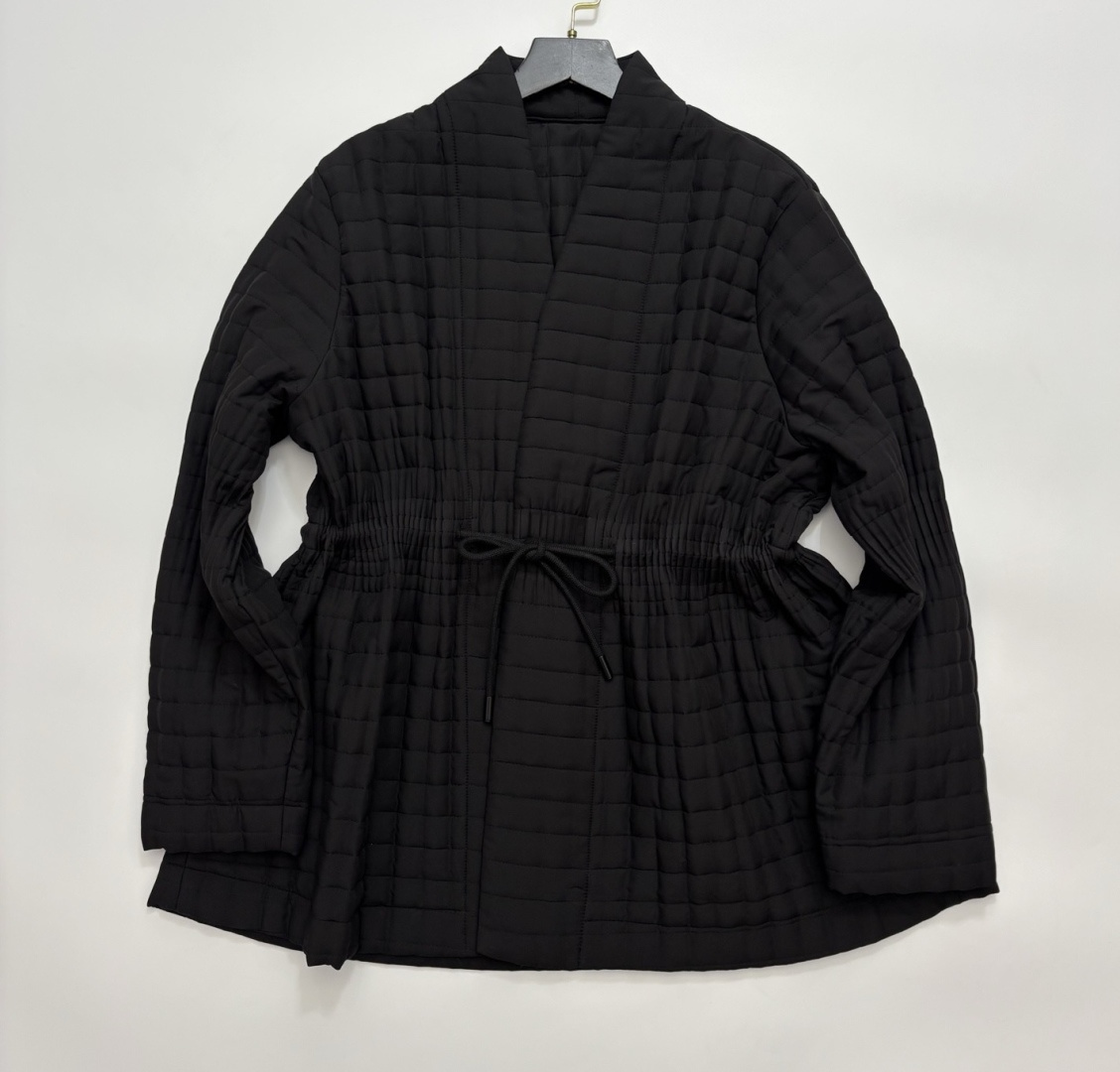 Issey Miyake Japanese Style Plaid Quilted Drawstring Waist Single Button V-Neck Padded Jacket