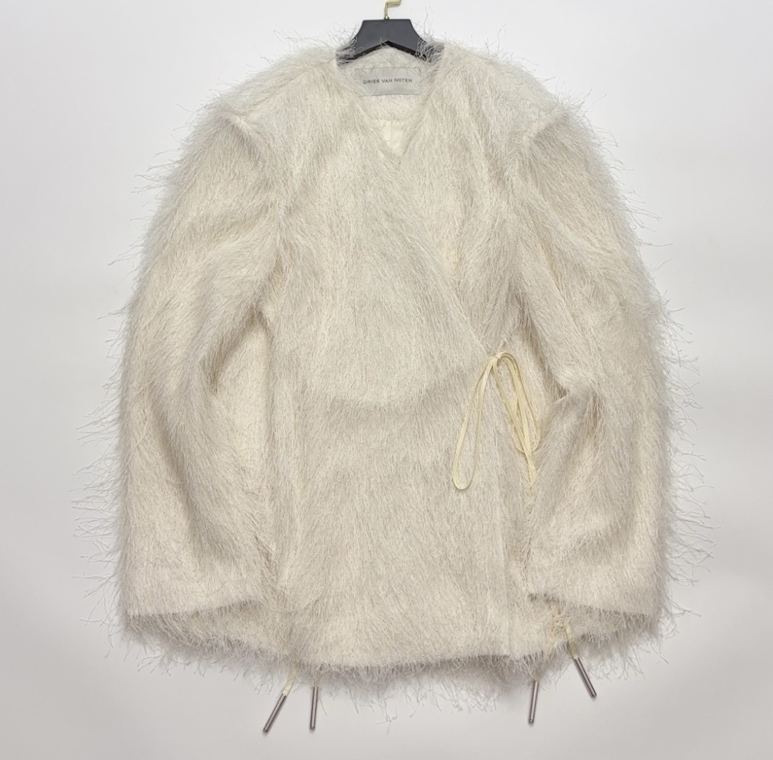 Dries Van Noten Fringed Fluffy Tie-Waist Coat