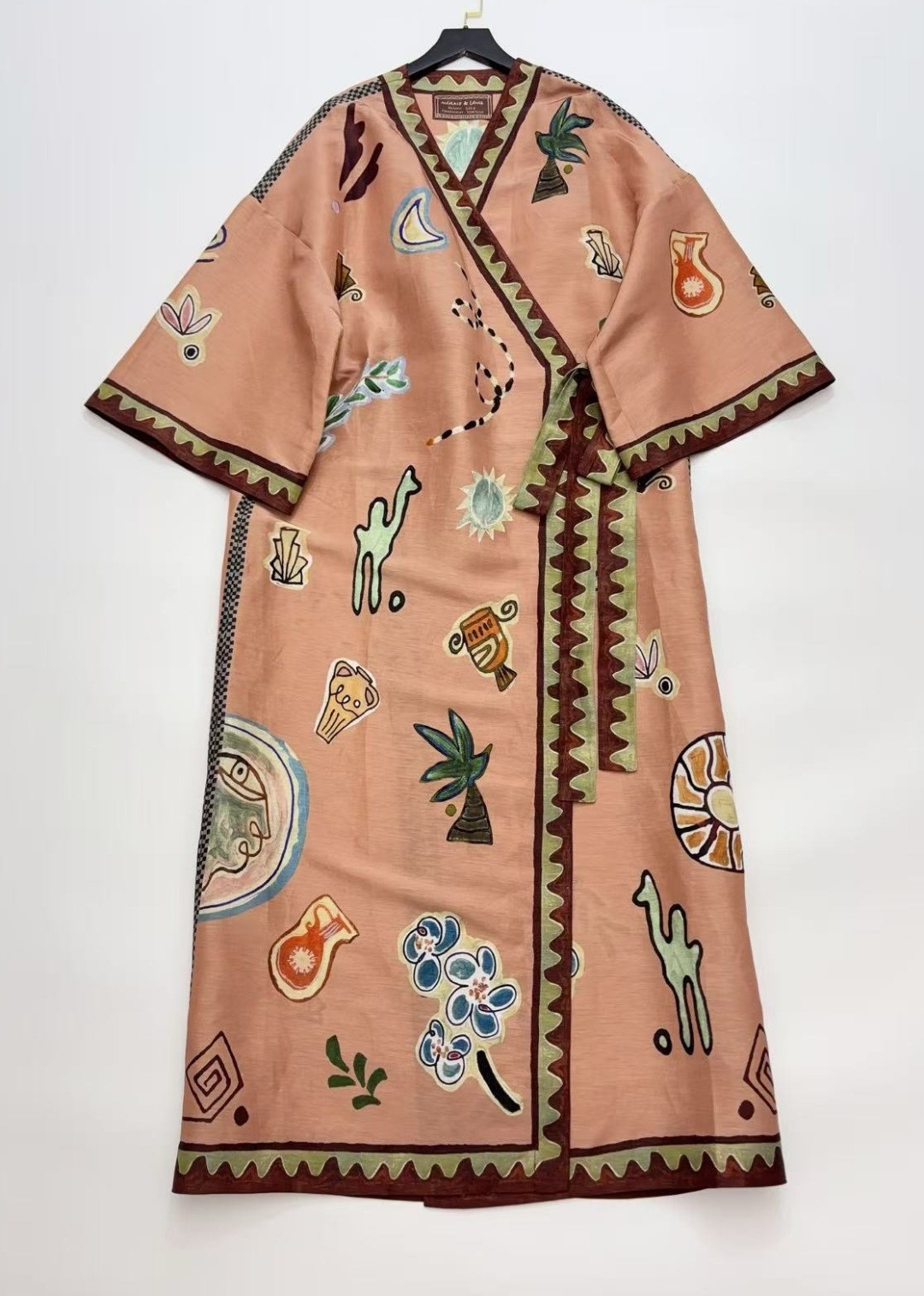 Alémais Silk-Linen Retro Print Long-Sleeve Wrap Dress
