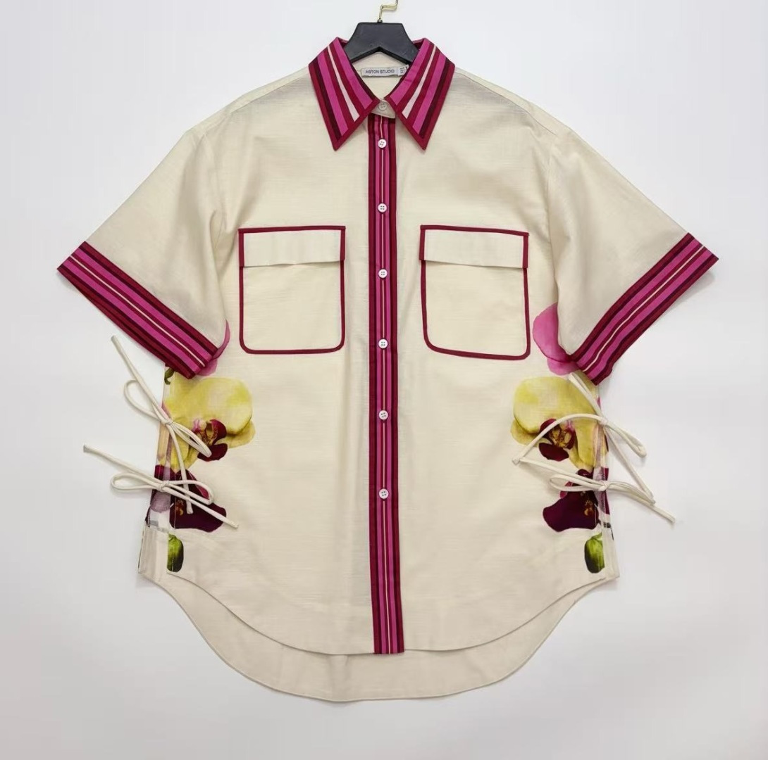 Aston Studio Colorblock Turn-Down Collar Loose Tie-Waist Shirt
