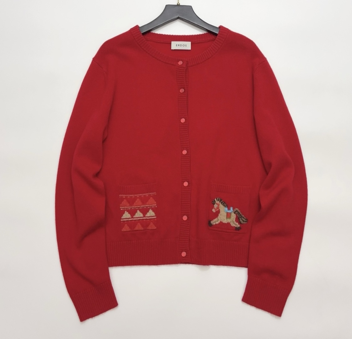 Year of the Horse Pattern Round Neck New Year Red Knit Cardigan